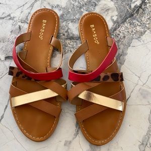 Gold, tan, red, tiger  strip sandals only worn a handful of times